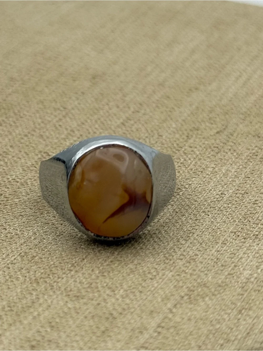Men's Silver Tone Ring with Brown Agate Stone